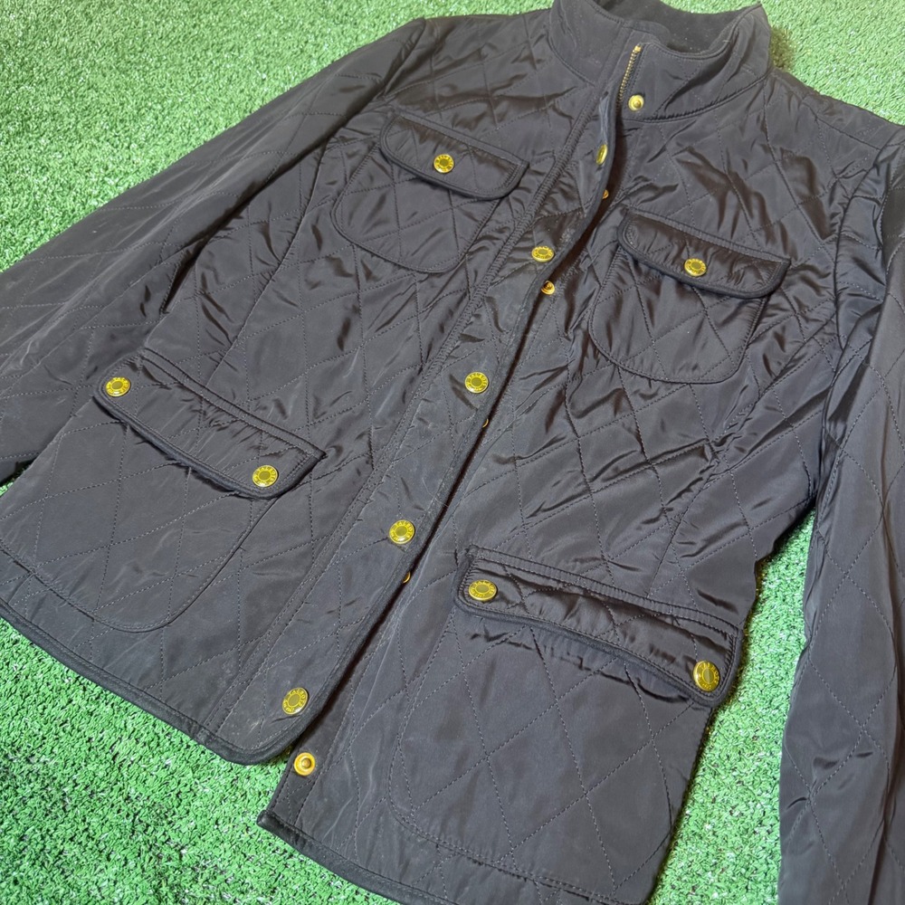 Talbots Womens Black Quilted Barn Jacket Fleece Lined Gold Hardware Size M